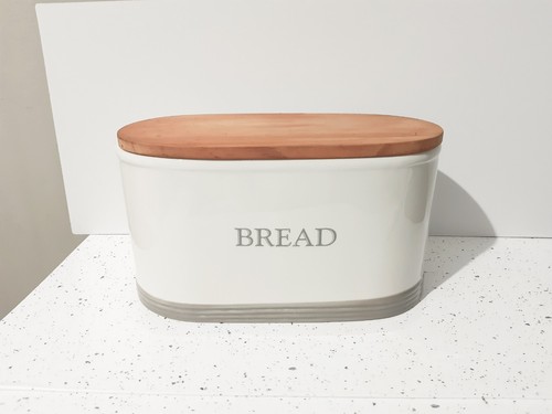 Cream ceramic bread bin - bin, wooden