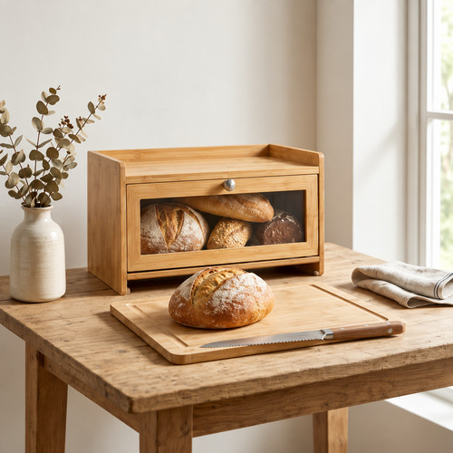 Bamboo bread bin clear front - bamboo,